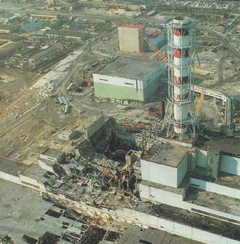 Aerial view of Chernobyl reactor at the meltdown and blast