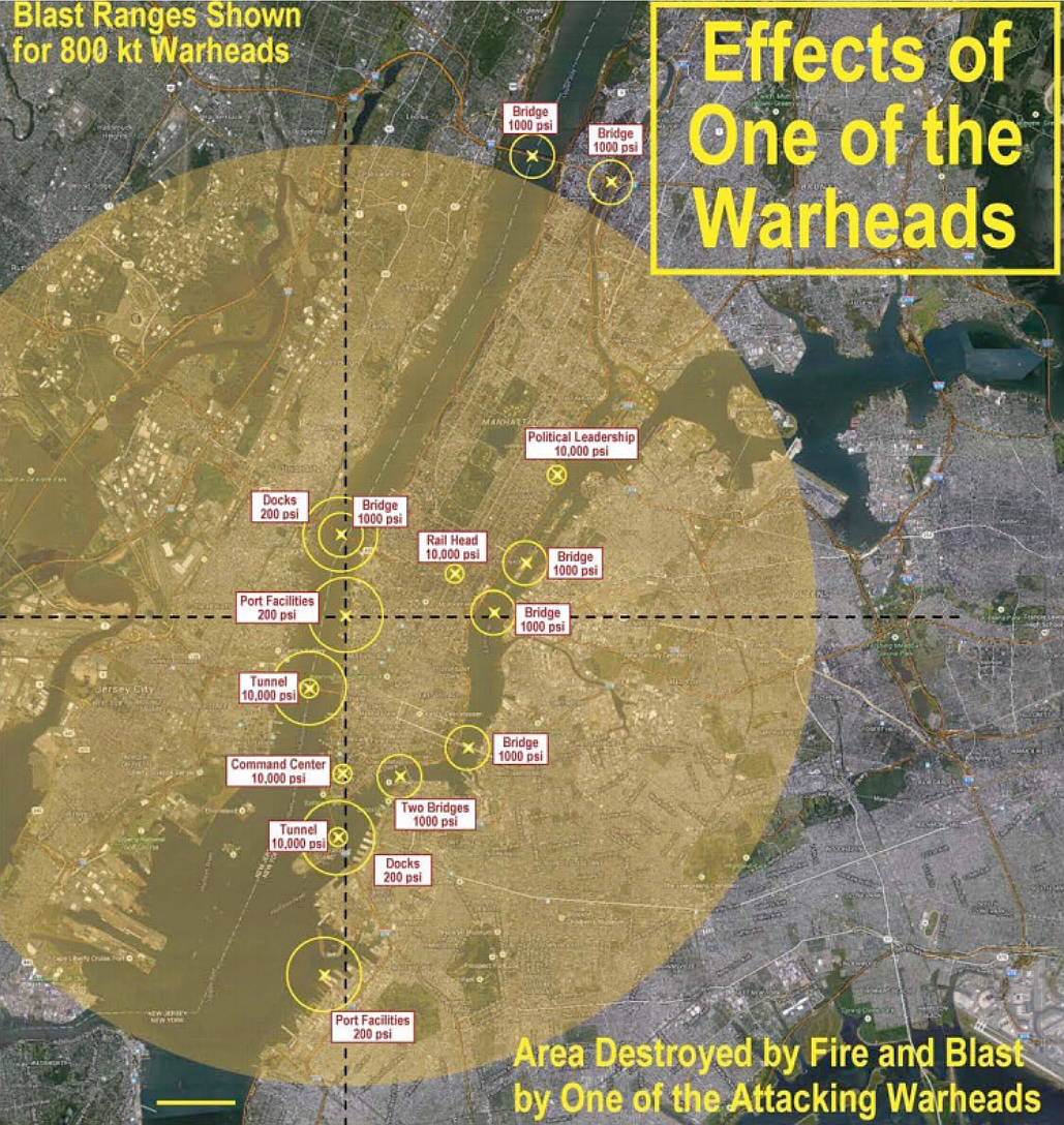 Effects of One of the Warheads - Blast Ranges Shown for 800 kt Warheads - Area Destroyed by Fire and Blast by One of the Attaching Warheads
