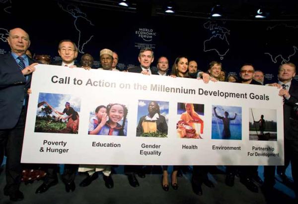 Millennium Development Goals sign with Ban Ki-moon, Gordon 
Brown, Bill Gates, Bono--UN Photo: Eskinder Debebe