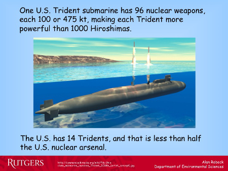 One U.S. Trident submarine has 96 nuclear weapons, each 100 or 475 kt, making each Trident more powerful than 1000 Hiroshimas. The U.S. has 14 Tridents, and that is less than half the U.S. nuclear arsenal.